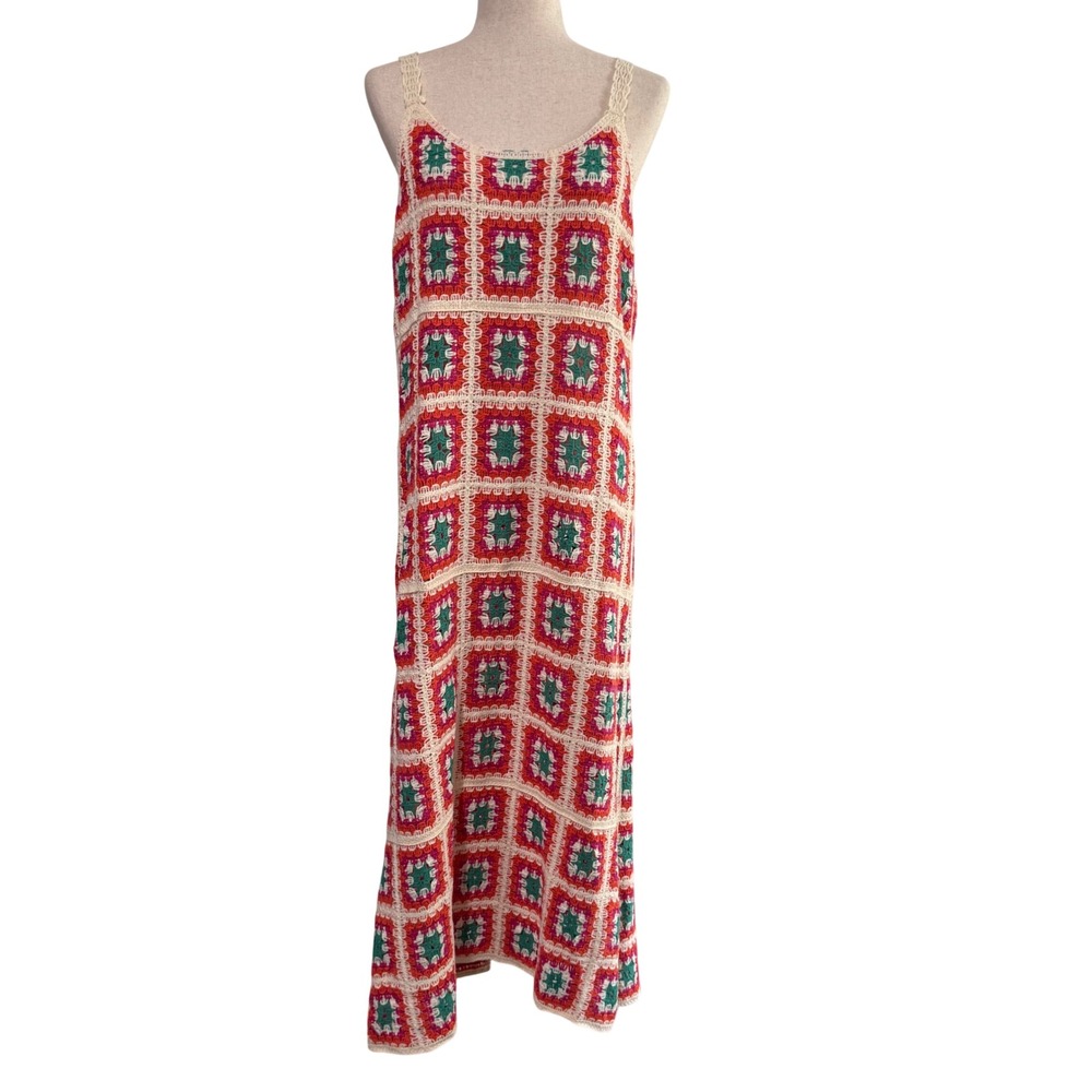 India Boutique Crochet Granny Square Maxi Dress Lace Beach Boho Festival Medium
